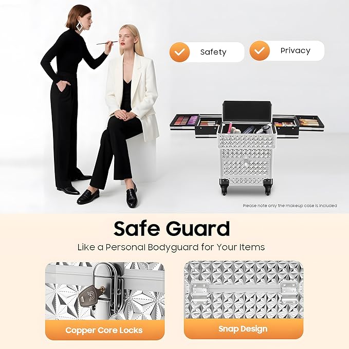 Professional Makeup Case on Wheels with 4 Universal Wheels Rolling Cosmetic Case 13.4 * 9.8 * 18.5in for Salon Travel Silver Mobile Makeup Station with Drawer