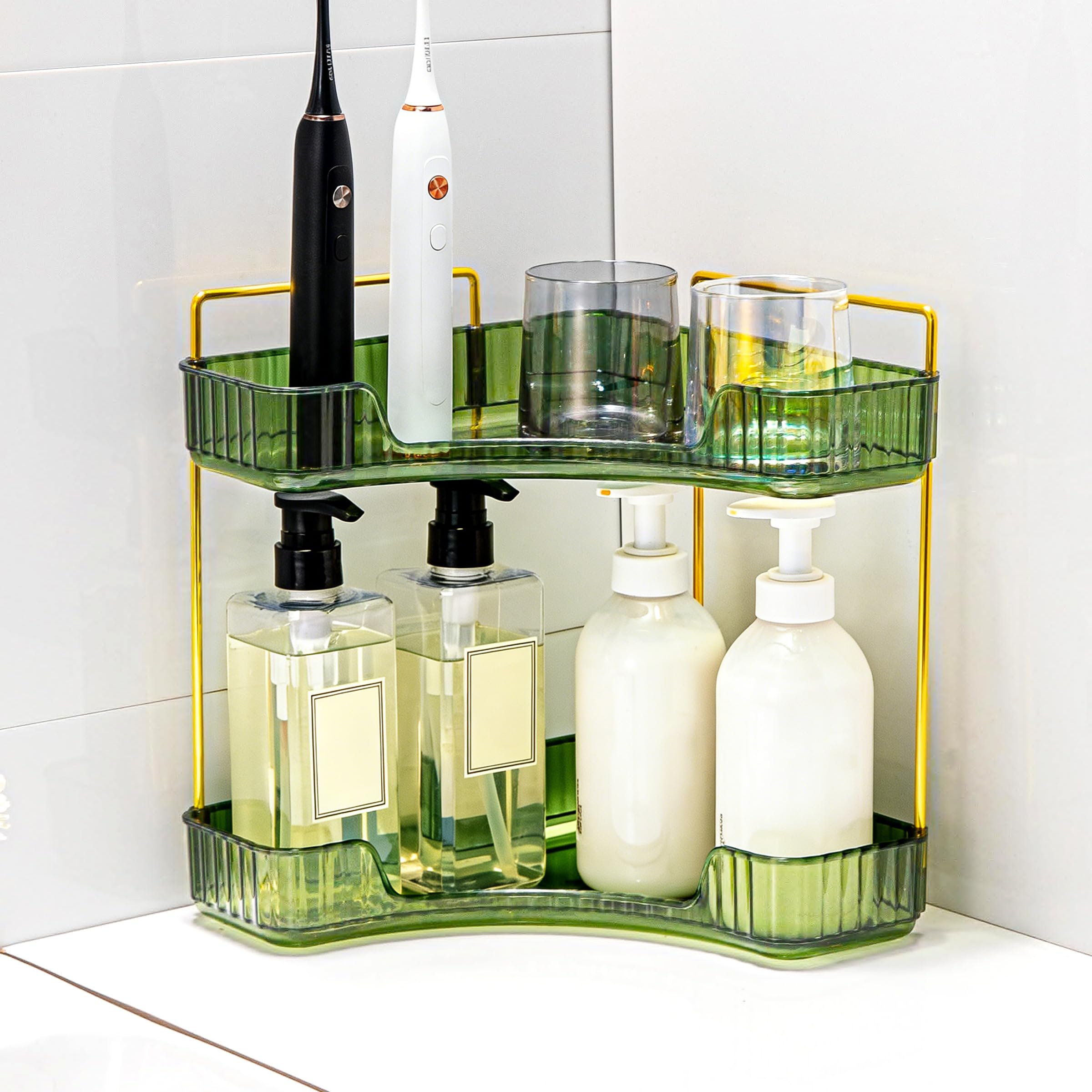 Weidace Corner Bathroom Counter Organizer Bathroom Countertop Shelf Makeup Organizer for Vanity Perfume Tray for Corner Storage (2 Tiers, Green)