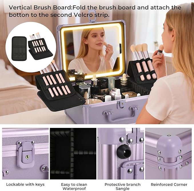 GALHUBIS Makeup Case with Lighted Mirror, Makeup Box Organizer with Detachable LED Mirror, Travel Makeup Train Case, Waterproof Cosmetic Organizer, Standing Brush Holder, Gift, Purple