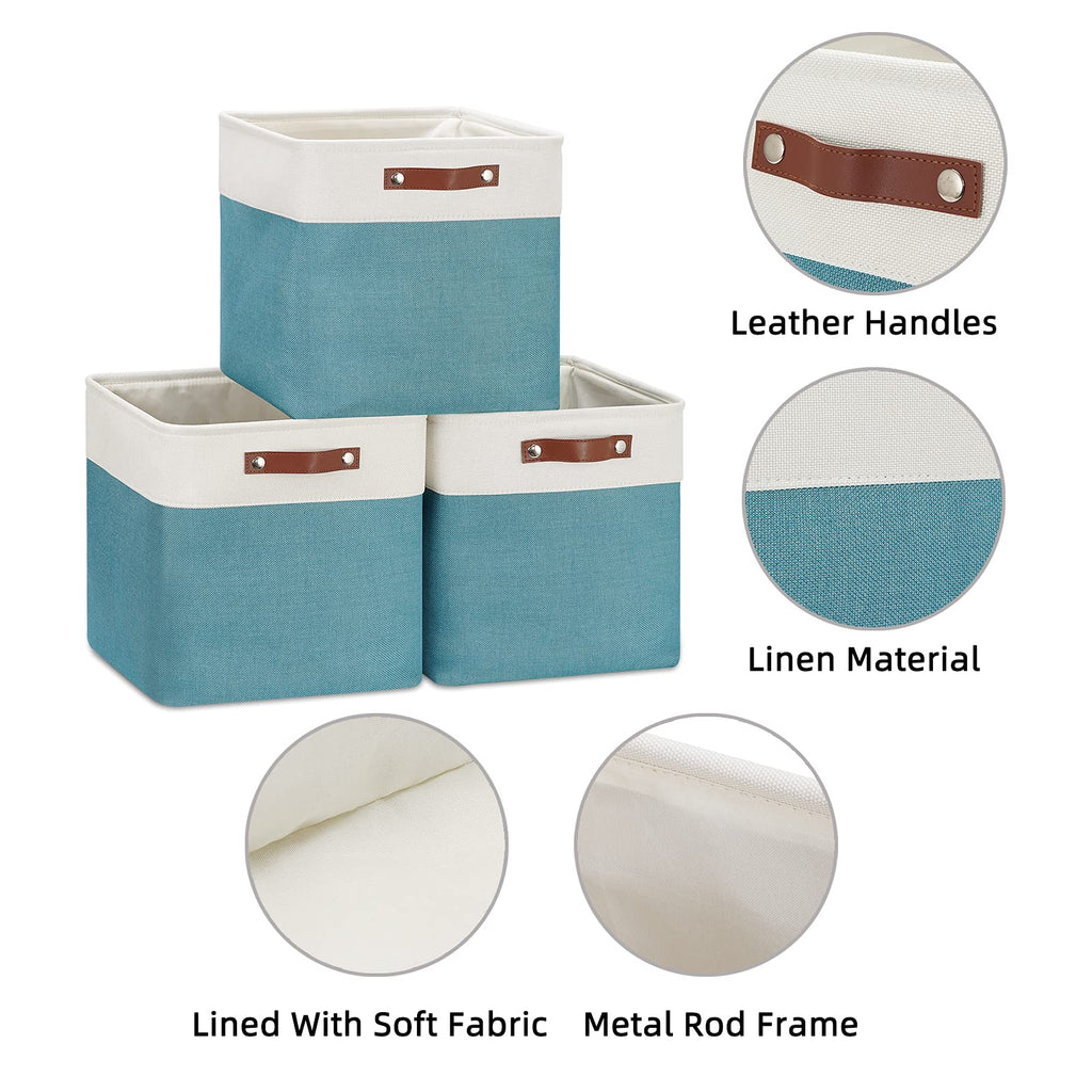 HNZIGE Cube Storage Baskets for Shelves Foldable Storage cubes Baskets(3 Pack) Cube Storage Bin,13 Inch Storage Basket for Organizing with Leather Handles for Toys, Clothes, Kids, Closet (White&Teal)