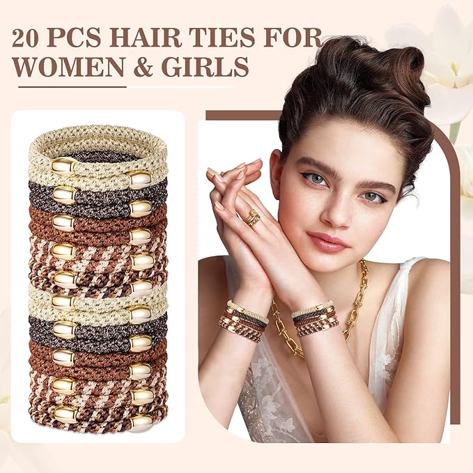 Hair Ties No Damage - 20PCS Ponytail Holders - Elastic Hair Ties for Thick Hair - Braided Hair Bands for Women Girls's Hair - Wood Grain