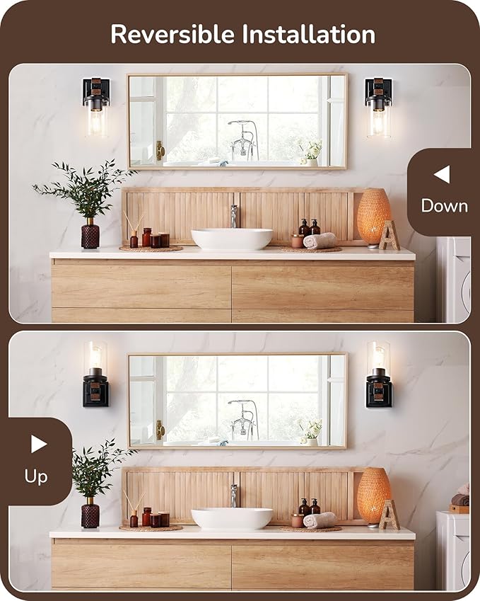 EDISHINE Wall Sconces Set of 2, Farmhouse Vanity Lights Fixtures for Bathroom, 1-Light Faux Wood Rustic Bath Wall Mount Lamp with Clear Glass Shade for Hallway, Living Room, Mirror, Kitchen