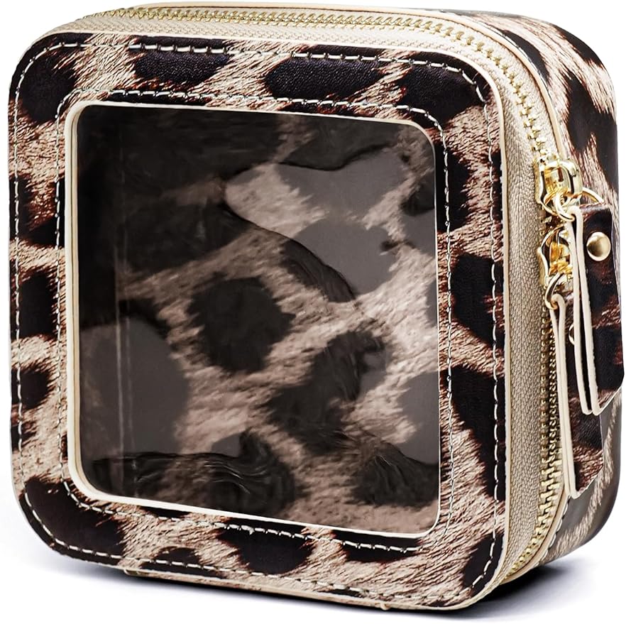 Small Makeup Bag for Purse Accessories Women Clear Cosmetic Mini Pouch Car Essentials Bag Leopard Print Clear Leather Make Up Travel Bag Organizer with Zipper Cute Compact Cheetah Little Toiletry Bag