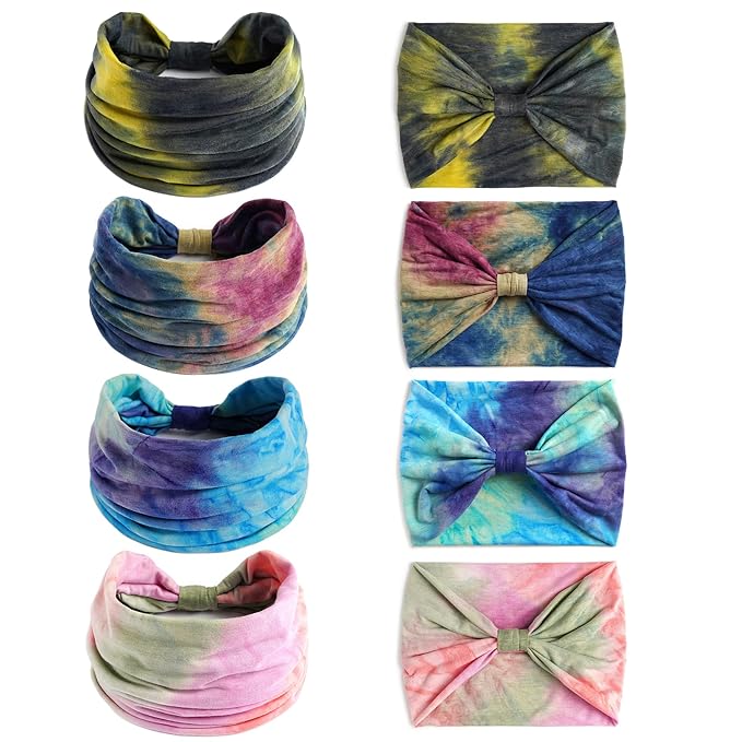 Boho Headbands For Women Fashion Stretch Wide Hair Bands Tie Dye Knoted Turban Head Bands Yoga Running Sweatband Elastic Headband Stylish Wrap Headbands Hair Accessories for Teen Girls 4 Pack
