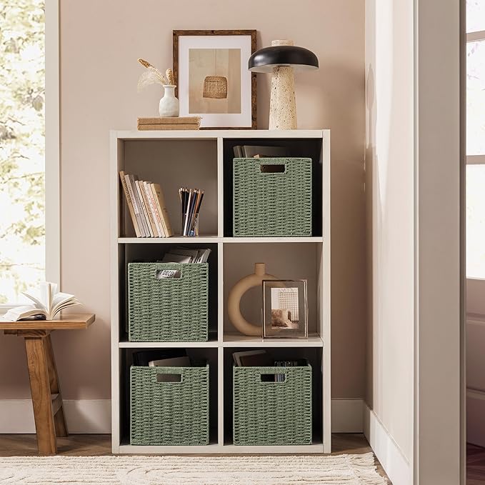 UBBCARE 3 Pack Wicker Basket, 11L×11H×10.5W inch Woven Paper Rope Storage Baskets for shelves, Foldable Cube Storage bin with Handle, Storage Basket for Organizing & Decor, Green