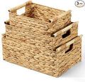 Wicker Storage Baskets for Organizing 3 Pack,Natural Water Hyacinth Ratten Baskets with Wooden Handles, Decorative Handwoven Storage Baskets for Shelves, Bathroom, Pantry or Kitchen