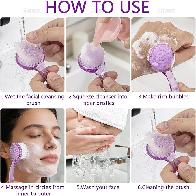 AUEAR, 4 Pack Face Brush for Cleansing and Facial Cleaning with Cap for Women and Girls Wash Makeup Massaging