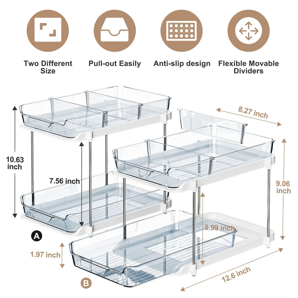 Delamu 2-Tier Multi-Purpose Bathroom Under Sink Organizers and Storage, Stackable Kitchen Pantry Organization, Pull Out Medicine Cabinet Organizer with Movable Dividers, Blue, 2 Pack