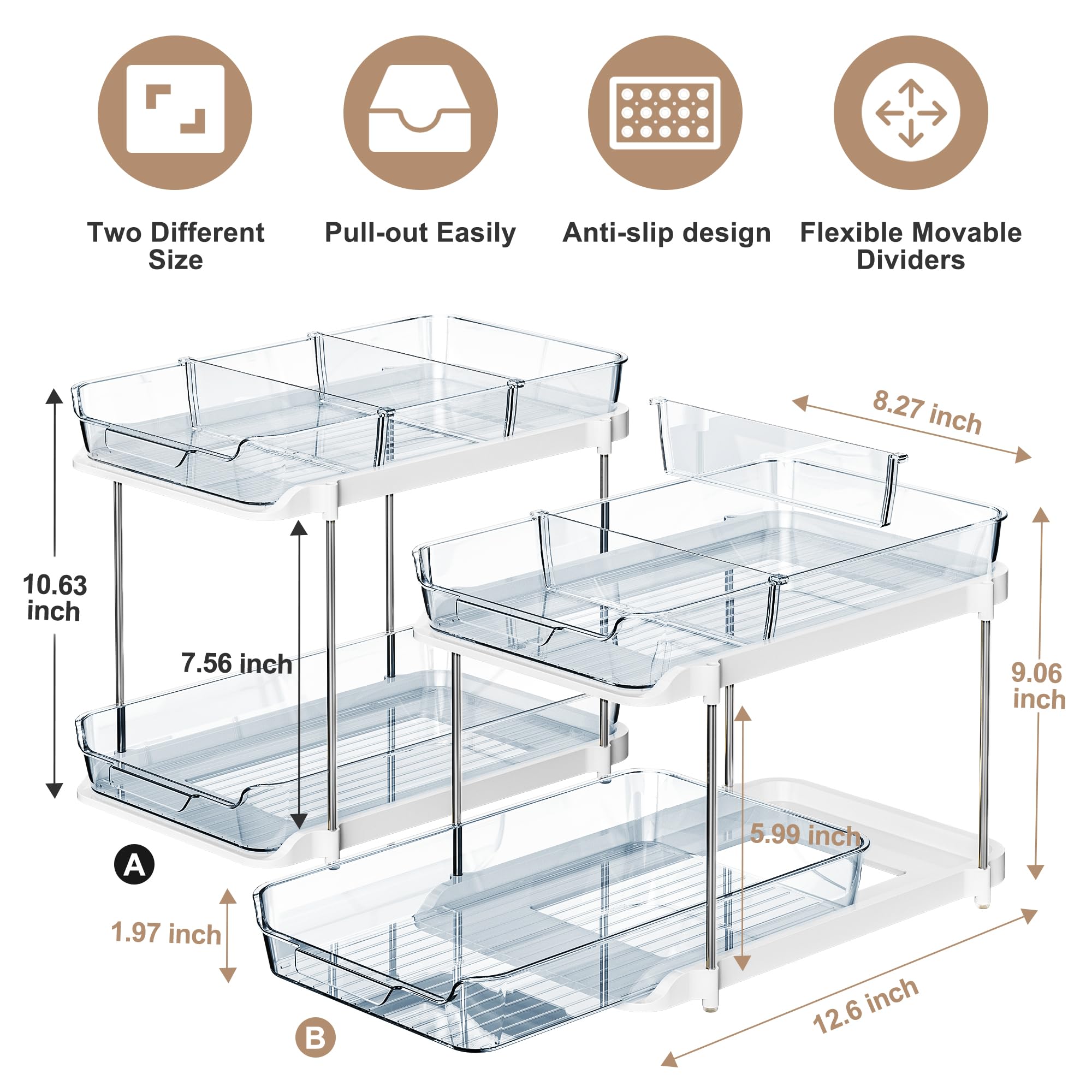 Delamu 2-Tier Multi-Purpose Bathroom Under Sink Organizers and Storage, Stackable Kitchen Pantry Organization, Pull Out Medicine Cabinet Organizer with Movable Dividers, Blue, 2 Pack