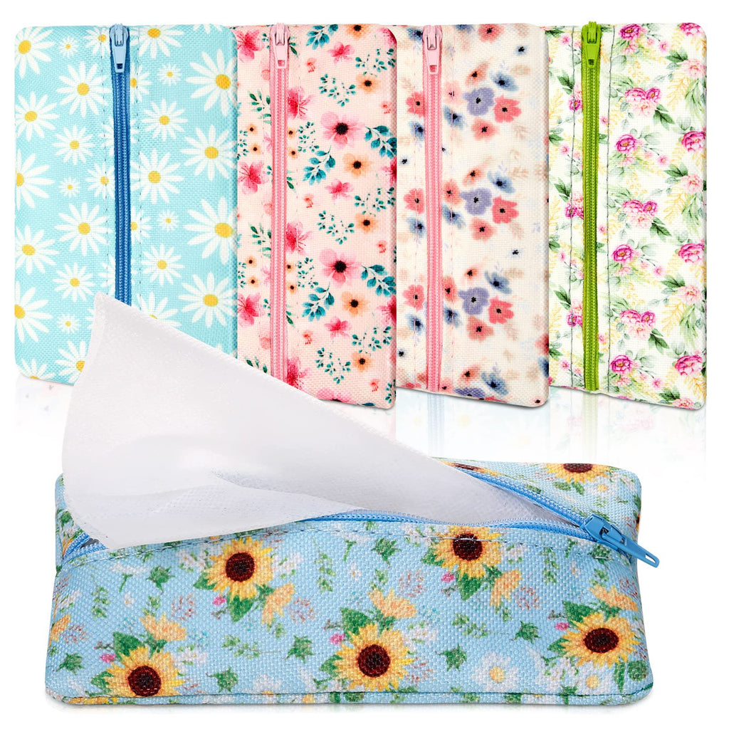 5 Pieces Tissues Purse Pocket Tissue Holder Reusable Travel Pouch Fabric Zipper Enclosed Small Size Daisy Pattern Holder for Purse Coins for Summer, 5.25 x 3 Inches (Summer Flower)