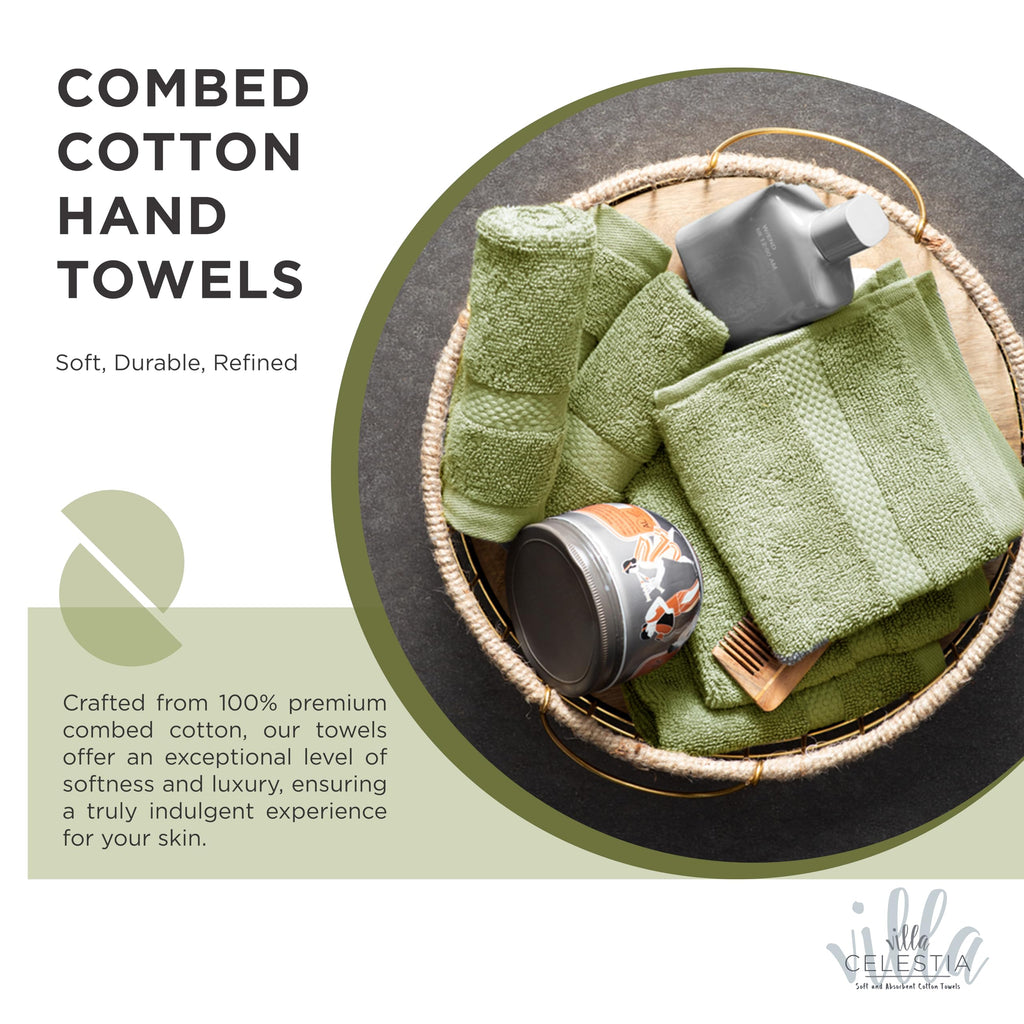 Villa Celestia Cotton Hand Towels Set of 4, 16 x 28, Oeko-TEX Certified, Quick Dry, Sage