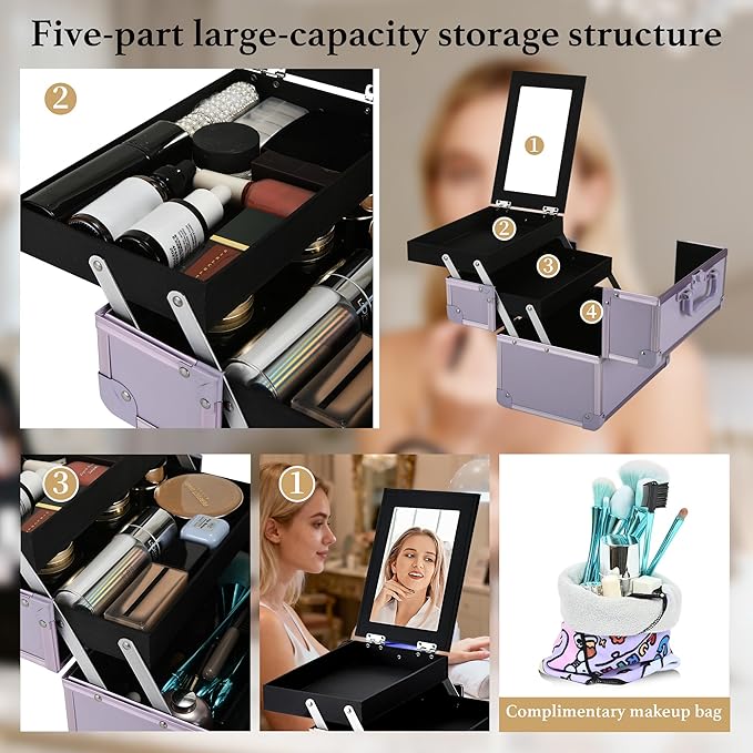 GALHUBIS Makeup Train Case, Portable Makeup Case with Mirror, 2-Trays Cosmetic Organizer Case,Nail Polish Organizer, Travel Makeup Box, Profesional for Salon Barber, Purple