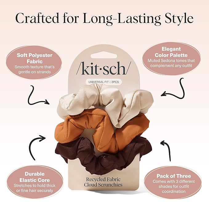 Kitsch Scrunchies for Women - No Crease Hair Ties No Damage | Soft Polyester Scrunchies for All Hair Types | Stylish & Comfortable, For Ponytails & Buns - Sedona, 3pcs