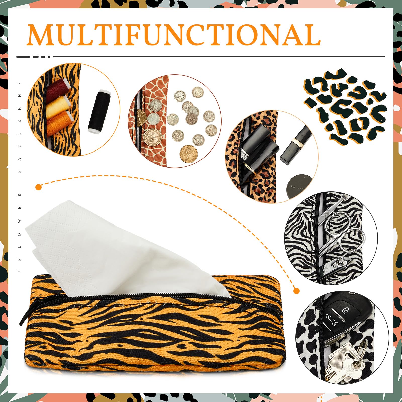 Sherr 5 Pcs Tissues Purse Pocket Holder Reusable Travel Pouch Fabric Zipper Enclosed Small Size Leopard and Zebra Print Pattern Tissue Holder for Purse Coins for Christmas