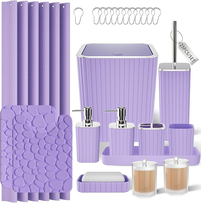 XLHOMO Bathroom Accessory Set - 25PC Green Bathroom Sets, Bathroom Set with Shower Curtain and Rugs, Dark Green Shower Curtain Set, Trash Can, Qtip Holder & Soap Dispenser