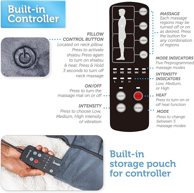 COMFIER Full Body Massage Mat with Movable Neck Pillow, Shiatsu Back Massager with 10 Vibrating Motors & Heat, Massage Pad, Gift for Women Man