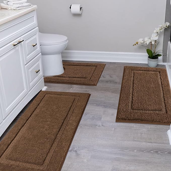 SHACOS Dark Brown Bathroom Rugs Sets 3 Piece Bath Mat U Shaped Toilet Rug