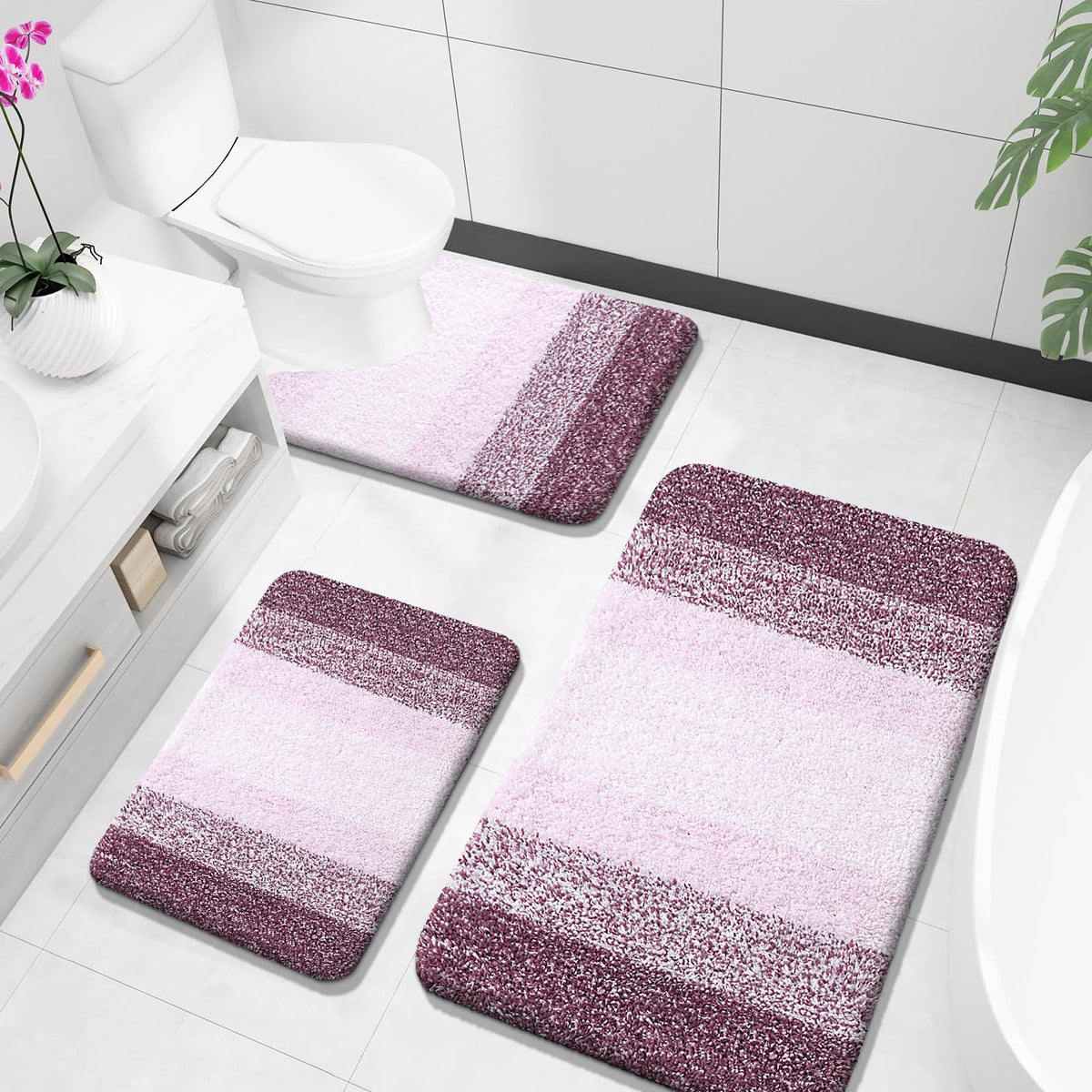 OLANLY Microfiber Bathroom Rugs Sets 3 Piece, Absorbent Bath Mats, Mauve