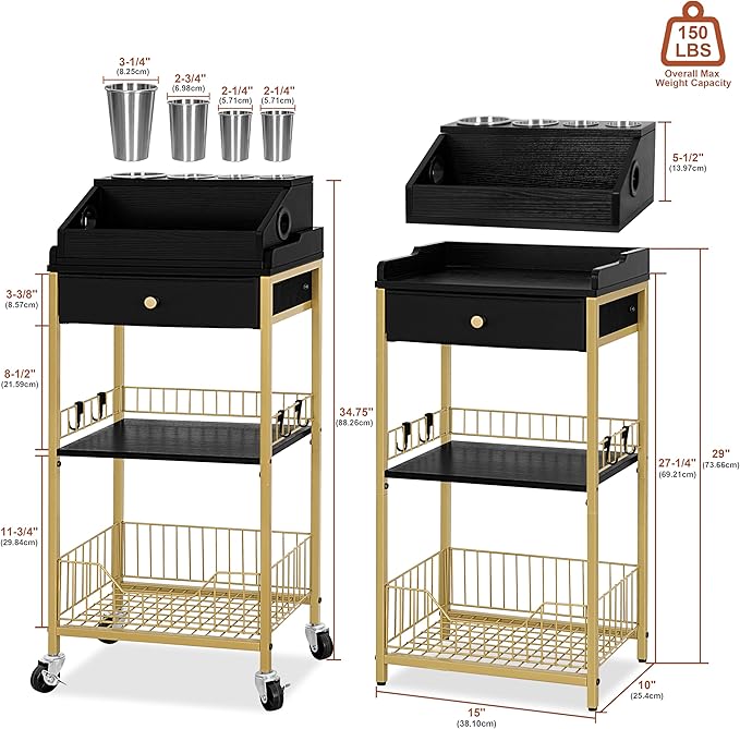 NauwaBarn Large Makeup Organizer Cart with Hair Tool Holder, Rolling Makeup Cart with Drawer, 2-in-1 Vanity Organizer Cosmetic Display Cases for Skin Care Perfume Nail Polish Brush Tools, Gold & Black