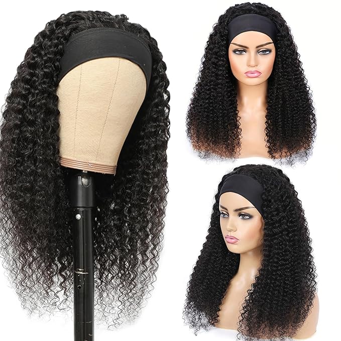 Aiterina Kinky Curly Human Hair Headband Wig Curly Human Hair Wigs 150% Density Brazilian Virgin Human Hair Machine Made Wig for Black Women Non Lace Front Wig Natural Color (Headband Wig, 26inch)