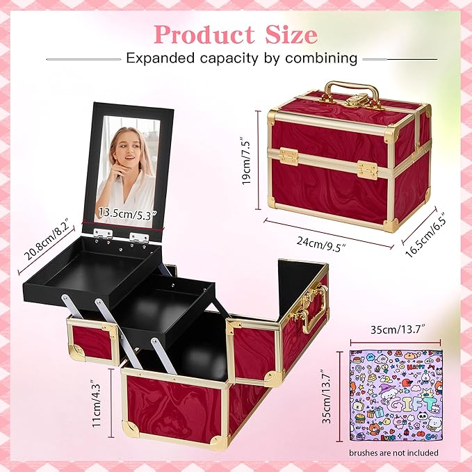 GALHUBIS Makeup Train Case, Portable Makeup Case with Mirror, 2-Trays Cosmetic Organizer Case,Nail Polish Organizer, Travel Makeup Box, Profesional for Salon Barber, Pattern Red