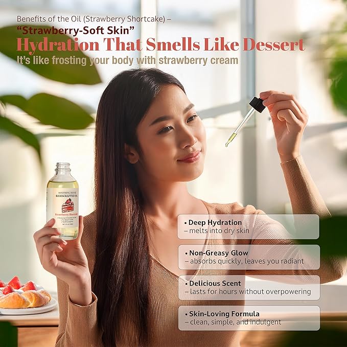 Soothing House Strawberry Shortcake Body Oil: Moisturizing Body Oil for Soft, Glowing Skin with Almond & Jojoba Oil (4 fl oz)