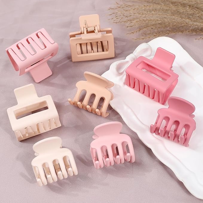 Medium Hair Clips Combination 2 Styles Small Claw Clips for Thin Hair 8 Pcs Matte Non-slip Rectangle Jaw Clips Square Hair Accessories for Women and Girls (Pink)