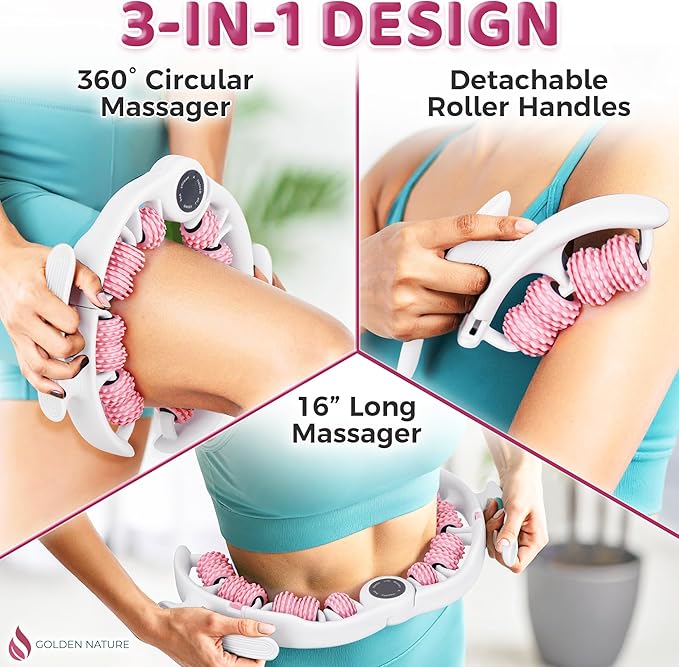 Golden Nature Cellulite Massage Roller - Anticellulite Massager for Thighs, Neck & Body - Fascia Massage Tool with Detachable Rollers - Handheld Lymphatic Drainage Tool for Deep Tissue Exercise