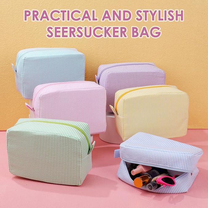 Sanwuta 6 Seersucker Cosmetic Bag Bulk Striped Makeup Bag for Women Aesthetic Cute Travel Toiletry Organizer Preppy Storage Pouch for Wedding Bridesmaid Mother's Day Teacher Gift (Large,Macaron Color)