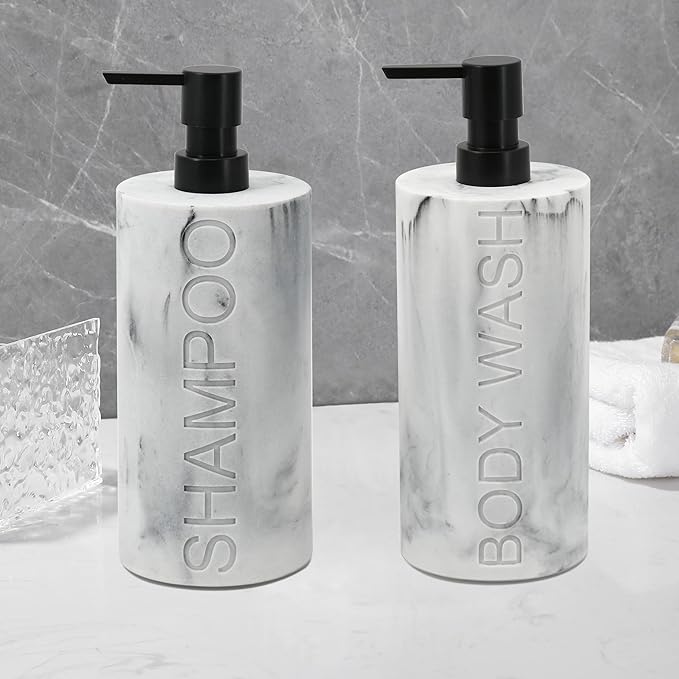 Indecor Home Marble Resin 2 Piece Shampoo and Body Wash Dispenser Set, Luxurious Refillable Pump Bottles with Matte Pump Top and Embossed Text, Durable Design for Bathroom and Shower