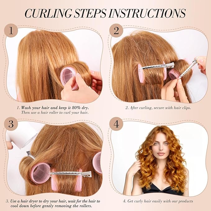 Obeoby 4 Sizes Hair Rollers for Women, Hair Curlers with Clips Comb Curlers for Long Short Curly Hair and Bangs (25, 36, 48, 60mm), Pink Gifts