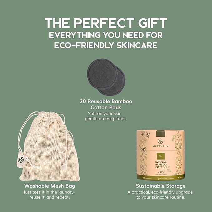 GREENZLA Reusable Makeup Remover Pads | 20 Pack | Bamboo Charcoal