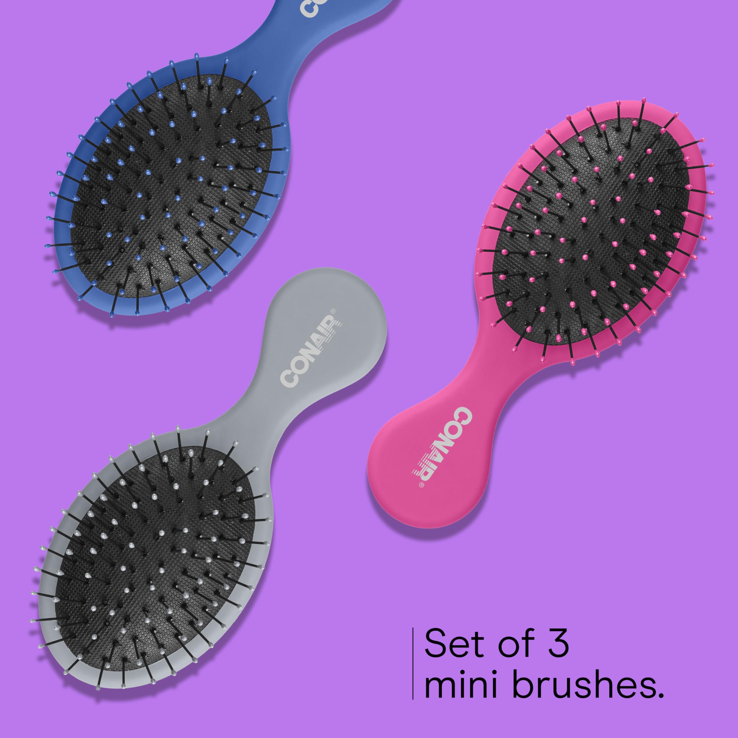 Conair Detangling Mini Hair Brush Set, 3-Pack Detangler Brushes for Wet or Dry Hair, Gentle Detangler for All Hair Types, Bristle Hair Brushes for Women, Travel Size, Pink, Gray, and Blue