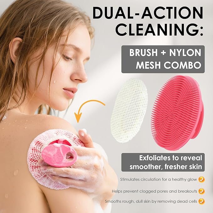 Pink Food-Grade Silicone Body Scrubber with Exfoliating Net Sponge Case