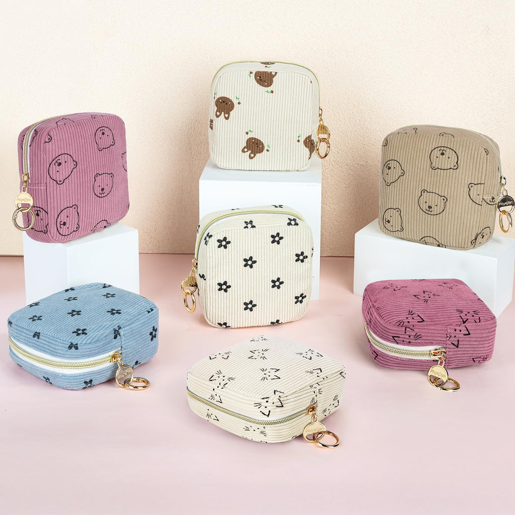 Playexen Period Bag for Teen Girls, Corduroy Sanitary Napkin Storage Bag, Menstrual Pad Pouches Tampon Holder for Purse (Bears-Pink)