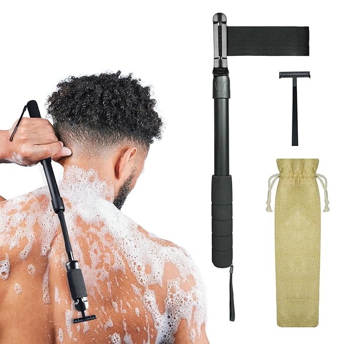ETbyto Safety Razor Extension Handle with Adjustable Length for Leg Razor,Back Shaver for Men,Multi-Function Extension Shaver Handle can be Fitted Lotion Applicator,Hair Brush for Wet or Dry - Black