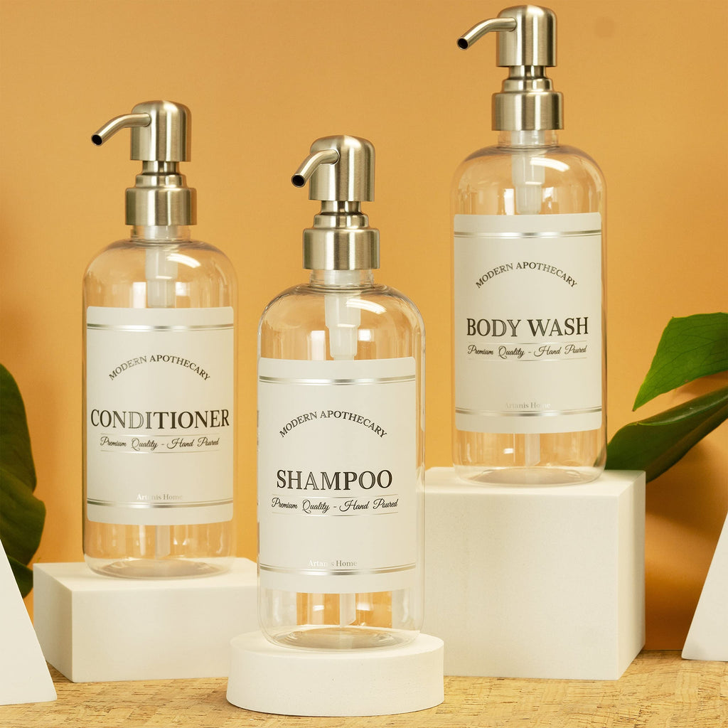 Clear Refillable Shampoo and Conditioner Bottles - Body Wash, Shampoo and Conditioner Dispenser - PET Plastic Shampoo Bottles Refillable with Pump - Waterproof Labels - 16 oz, 3 Pack (Stainless Steel)
