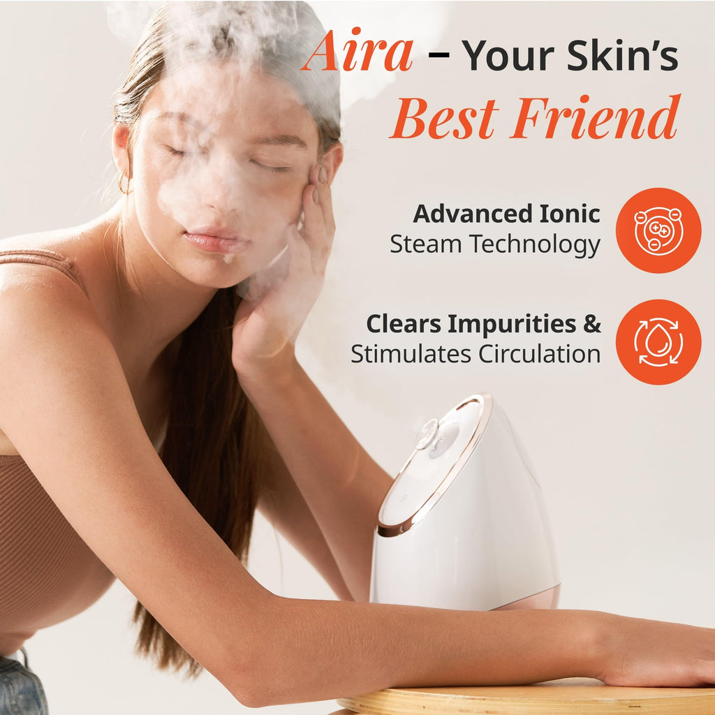 Vanity Planet Aira Ionic Facial Steamer (Rose Gold) - Pore Cleaner that Detoxifies, Cleanses and Moisturizes - Adjustable Nozzle, Water Tank with 3 Essential Oil Baskets