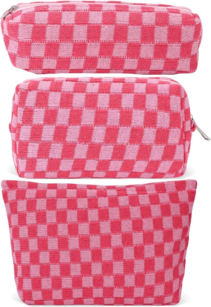 LYDZTION Large Capacity Makeup Bag Set - 3 Pieces Checkered Cosmetic Bag for Women Travel Makeup Bag Organizer Cute Makeup Brushes Storage Bag Travel Toiletry Bag Storage Bag for Women,Pink