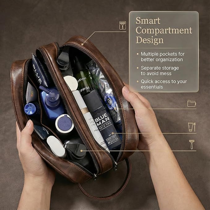 Men’s Toiletry Bag Travel Dopp Kit–double-deck Leather Water-Resistant Shaving Organizer Large Capacity, Double Compartments & Inner Pockets for Grooming, Bathroom & Gym Trip Toiletry Case(Coffee)