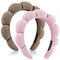 Ztomine Spa Headbands, Set of 2, Terry Cloth Headband Face Wash Headband Combo Pack - Puffy Makeup Headbands for Face Washing, Mask (Dark khaki + pink)