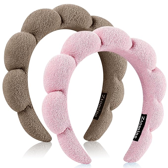 Ztomine Spa Headbands, Set of 2, Terry Cloth Headband Face Wash Headband Combo Pack - Puffy Makeup Headbands for Face Washing, Mask (Dark khaki + pink)