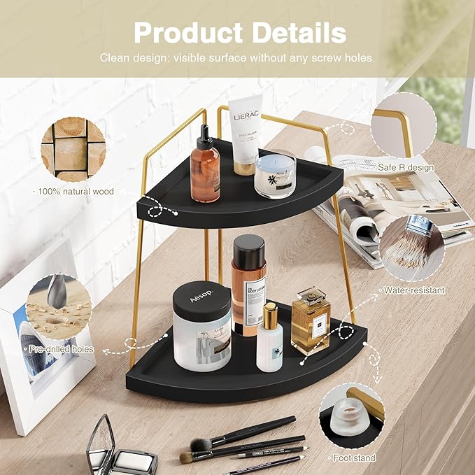 Forbena Black and Gold Corner Bathroom Counter Organizer, Modern Kitchen Countertop Shelf Organizer for Sink, Two Tier Makeup Vanity Storage Holder Tray for Table Top Skincare Perfume Decor