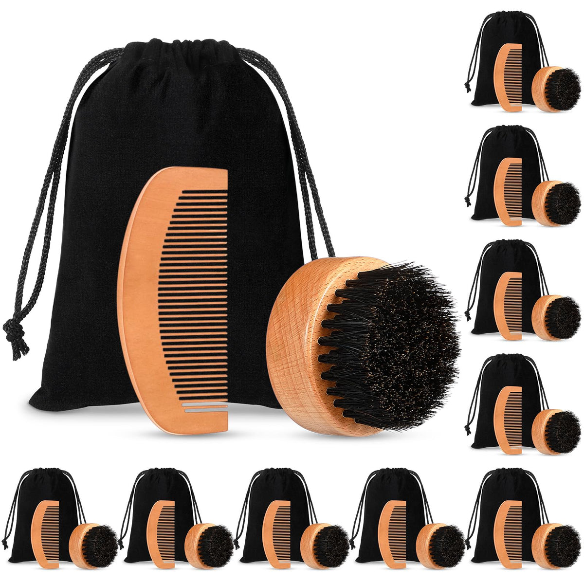 10 Sets Natural Boar Bristle Brush, Pear Wood Dual Sided Wide Tooth Comb with Travel Pouch - Beard Grooming Kit for Men's Beard Care, Valentine Gift (Long Handle)