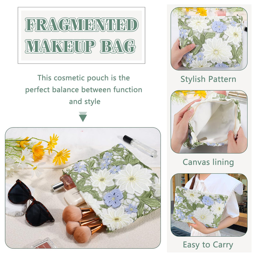 ZLFSRQ Lace Flower Makeup Bag Travel Cute Floral Cosmetic Bags for Women Large Toiletry Pouch Zipper Cosmetic Pouch for Purse Aesthetic Make up Organizer Bag Portable Toiletry Bags
