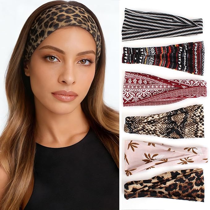 XTREND 6 Pcs Women's Headbands Twisted Cross Elastic Head Bands Yoga Workout Hairbands Non-Slip Sweat Soft Headbands Solid Color Simple Versatile Hair Accessory Hair Bands