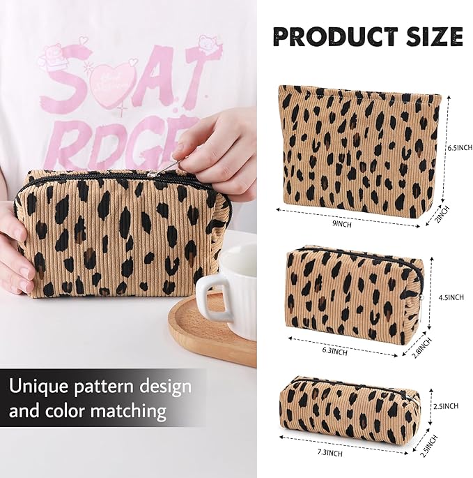 Gocvo 3 Pcs Makeup Bag Cosmetic Bag Set for Girls Women Travel Organizer Bathroom Toiletry Pouch Large Capacity Storage Bag (Leopard Brown)