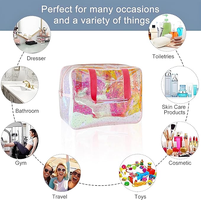 TotePrint TPU Holographic Pink Clear Star Large Cosmetic Bag and Travel Pouch with Handle,Durable TPU Material,Zipper Design-Ideal for Makeup,Travel Essentials (Holographic pink)