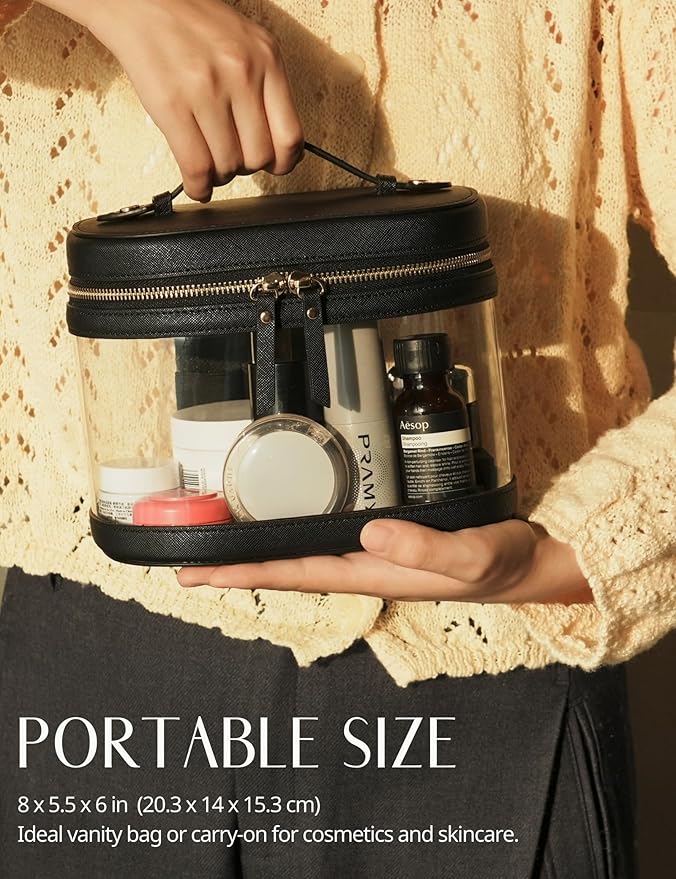 Popvibe Travel Makeup Bag Clear Compact Make Up Vanity Case with Brush Storage and Top Handle, Toiletry Makeup Case Traveling Leather Cosmetic Bag, Portable Medium Large Sized Train Case, Black
