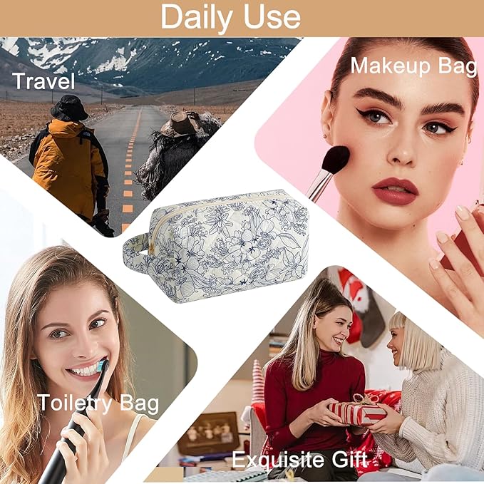 HHQQWZ Makeup Bag Travel Cosmetic Bag for Women, Zipper Make Up Pouch, Floral Flowers Toiletry Organizer Makeup with Handle, Cosmetic Travel Cloth Bag (Navy Blue Flower)